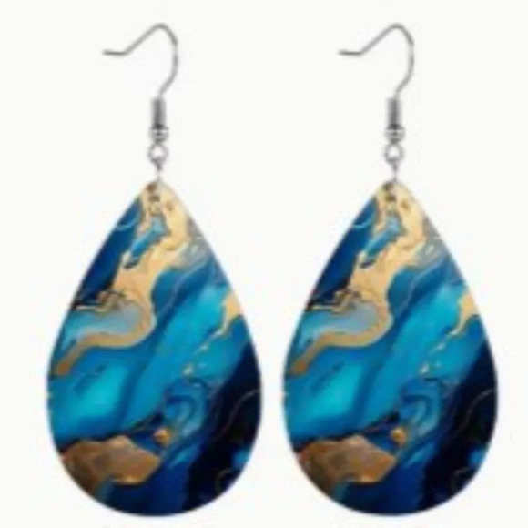 PU Leather Waterdrop Dangle Earrings - Drop & Dangle, Irregular Blue Pattern - Picture 2 of 5